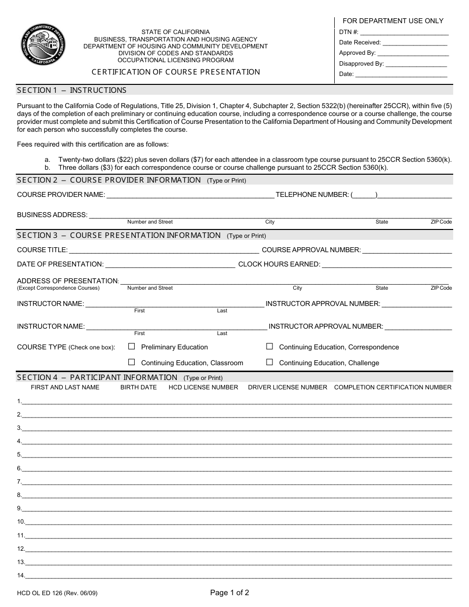 Form HCD OL ED126 Certification of Course Presentation - California, Page 1