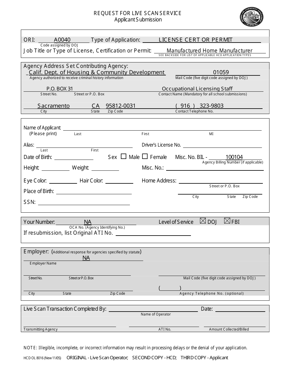 Form HCD OL8016 MH MF Request for Live Scan Service - Manufactured Home Manufacturer - California, Page 1