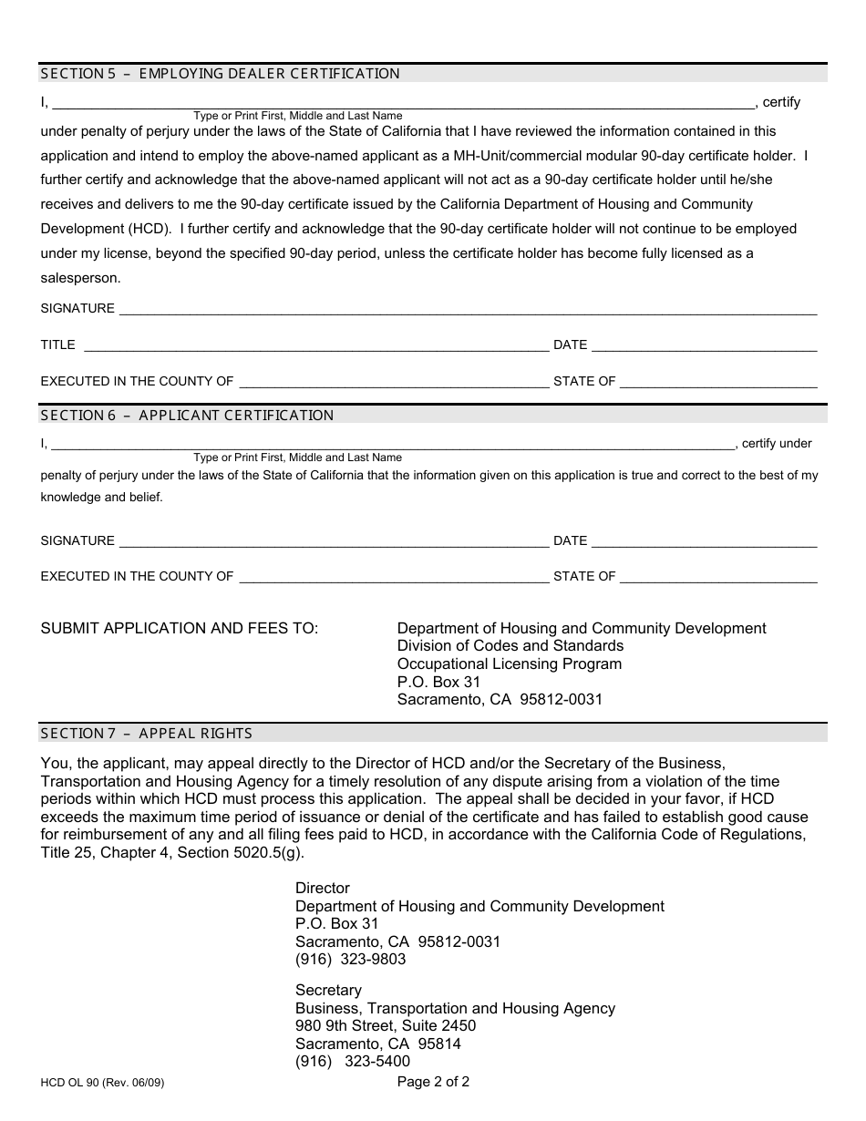 Form HCD OL90 Application for Mh-Unit / Commercial Modular 90-day Certificate - California, Page 2