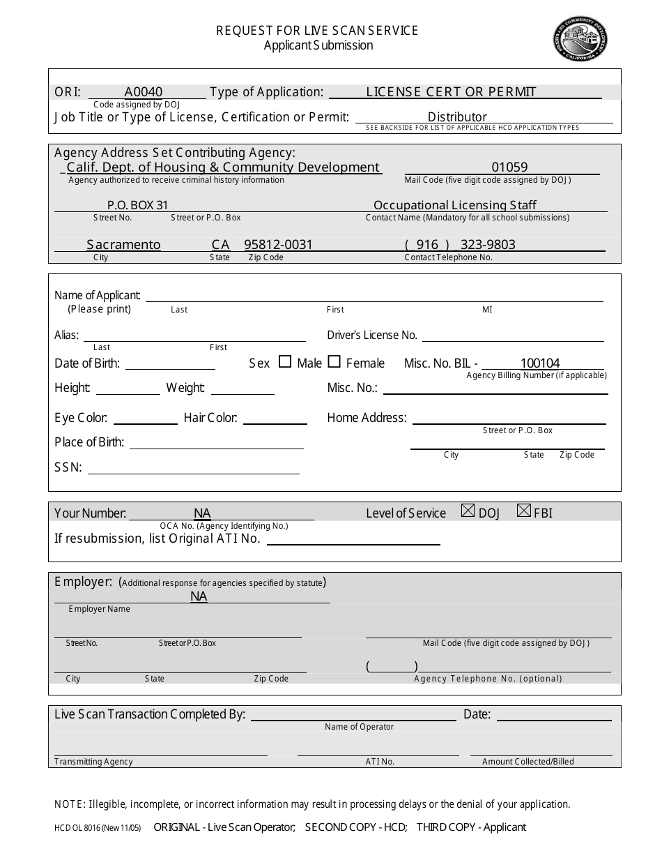 Form HCD OL8016 DIST Request for Live Scan Service - Distributor - California, Page 1