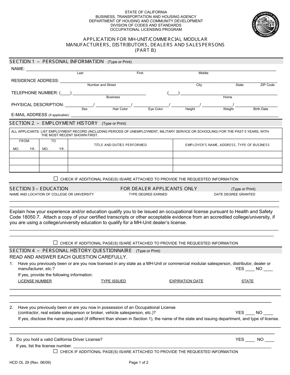 Form HCD OL29 - Fill Out, Sign Online and Download Printable PDF ...