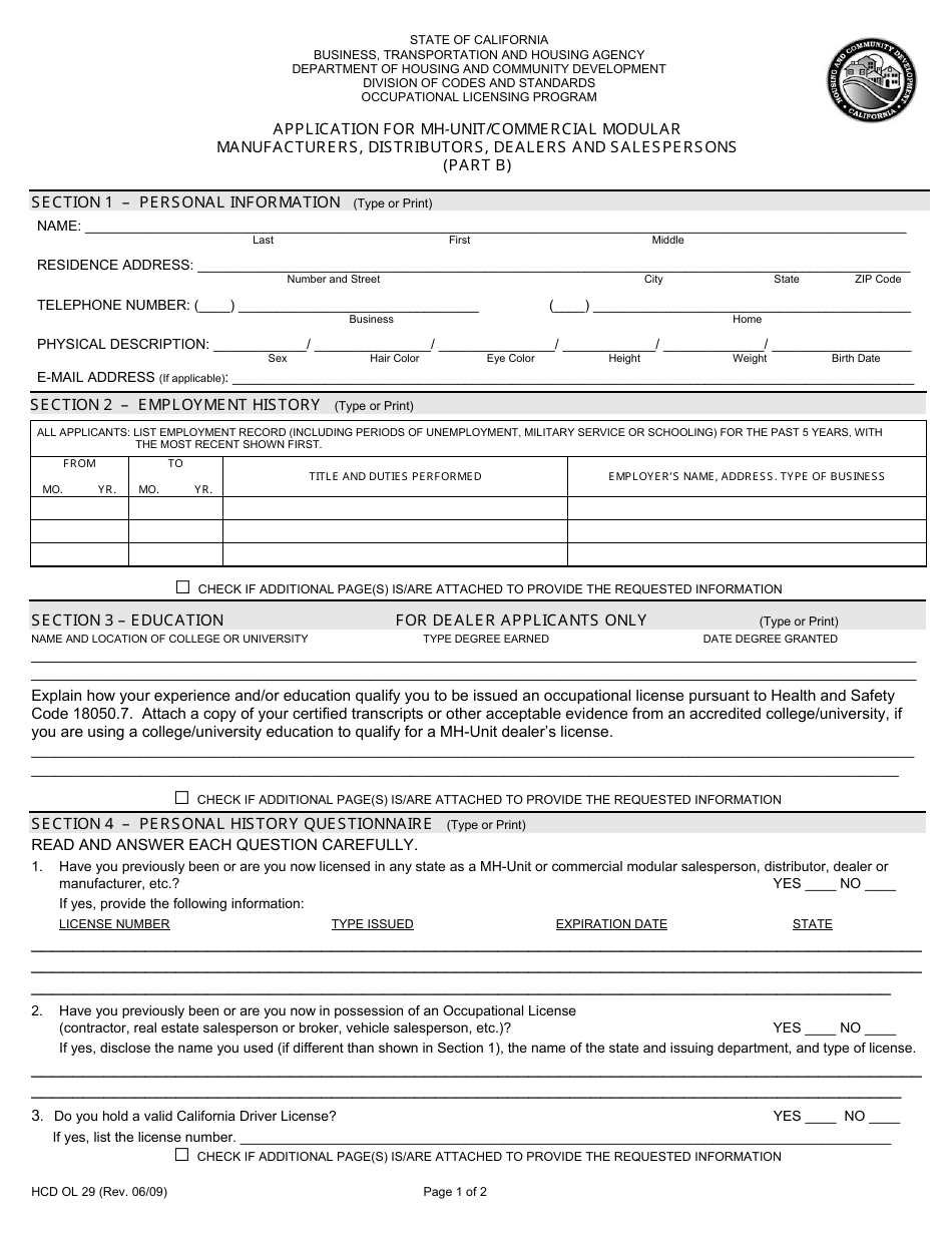 Form HCD OL29 Application for Mh-Unit / Commercial Modular Manufacturers, Distributors, Dealers and Salespersons (Part B) - California, Page 1