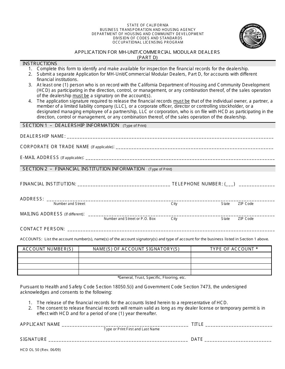 Form HCD OL50 Application for Mh-Unit / Commercial Dealers (Part D) - California, Page 1