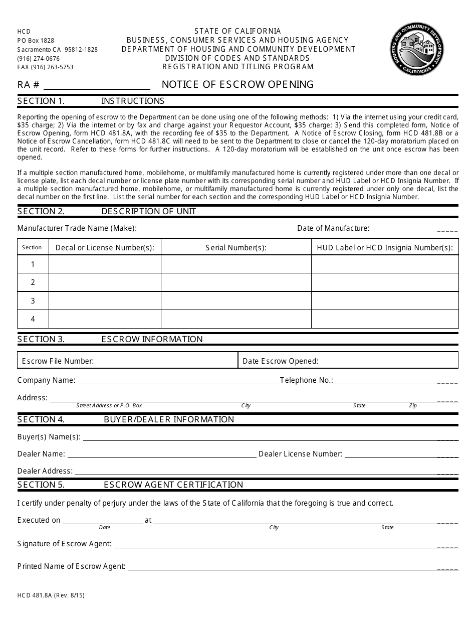Form HCD481.8A Notice of Escrow Opening - California, Page 1