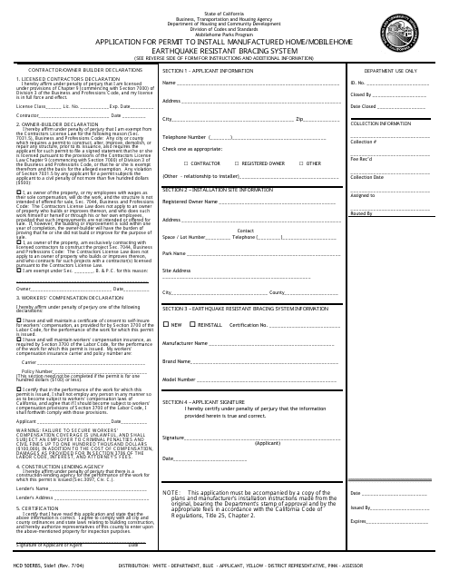 Form HCD50ERBS Application for Permit to Install Manufactured Home/Mobilehome - Earthquake Resistant Bracing System - California