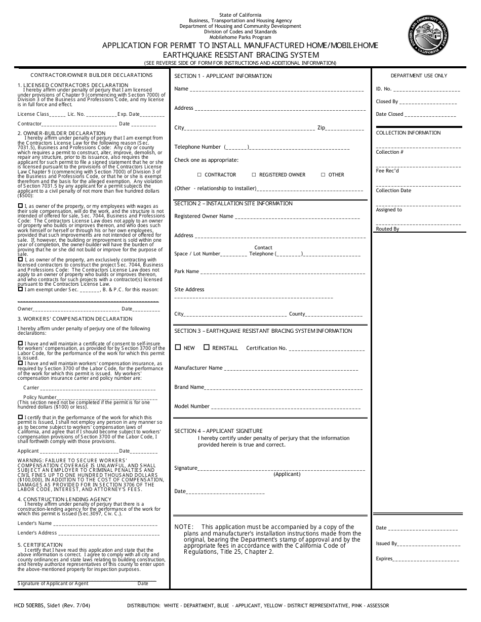 Form HCD50ERBS Application for Permit to Install Manufactured Home / Mobilehome - Earthquake Resistant Bracing System - California, Page 1