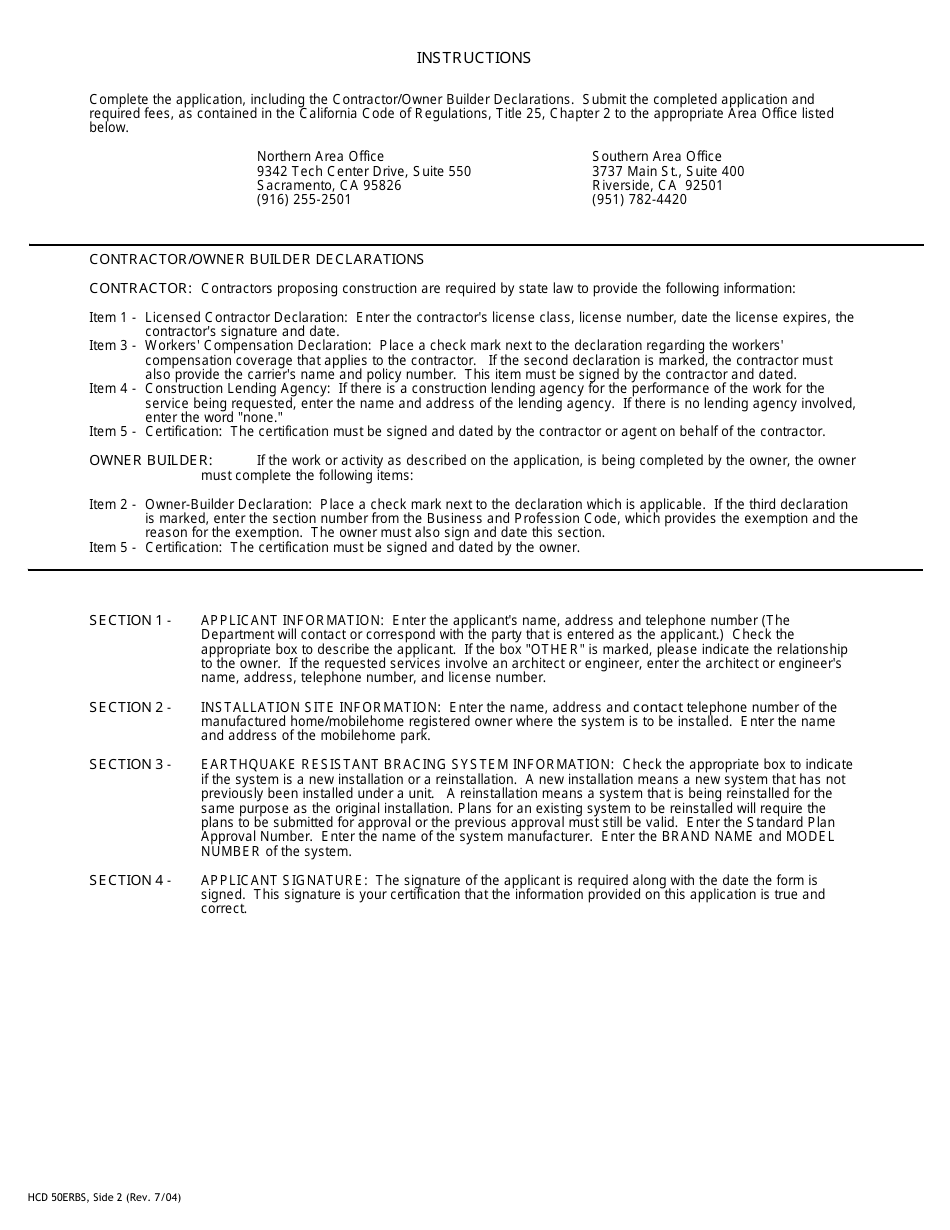 Form HCD50ERBS Application for Permit to Install Manufactured Home / Mobilehome - Earthquake Resistant Bracing System - California, Page 2
