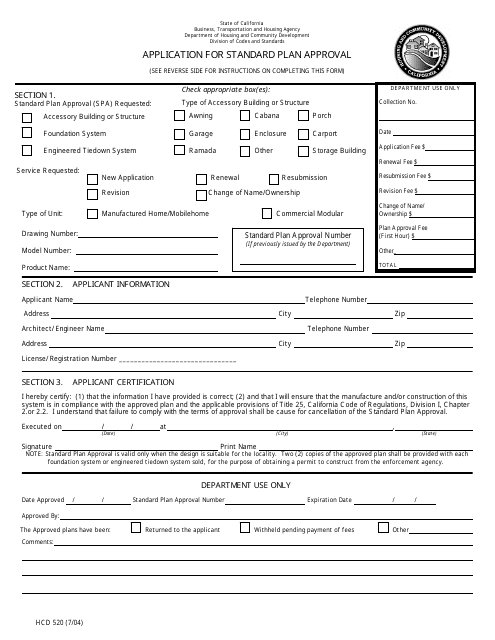 Form HCD520 Application for Standard Plan Approval - California