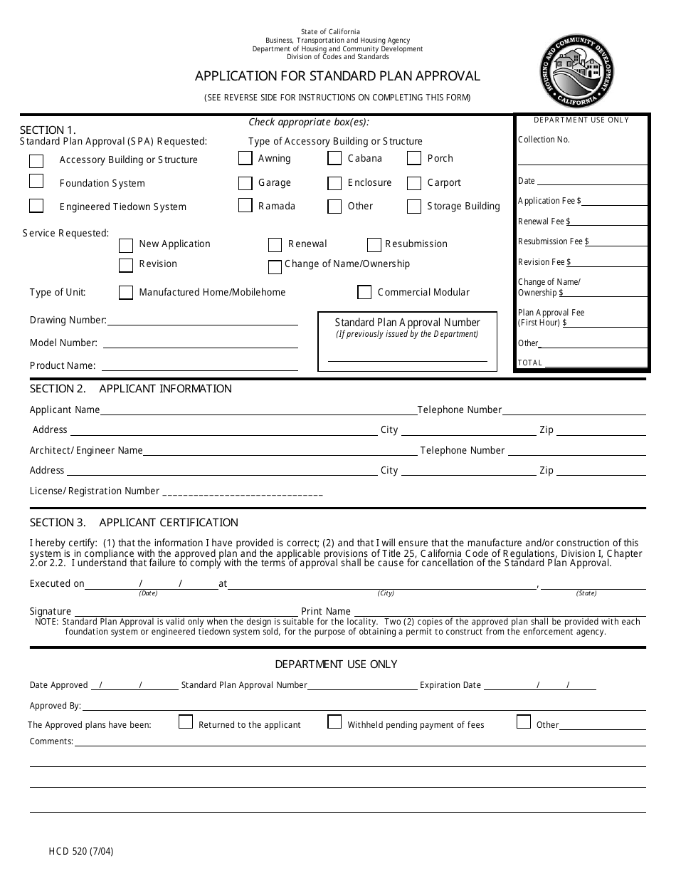 Form HCD520 Application for Standard Plan Approval - California, Page 1