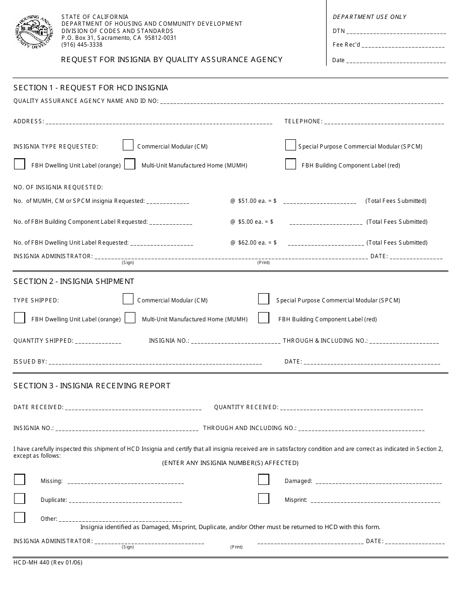 Form HCD-MH440 Request for Insignia by Quality Assurance Agency - California, Page 1