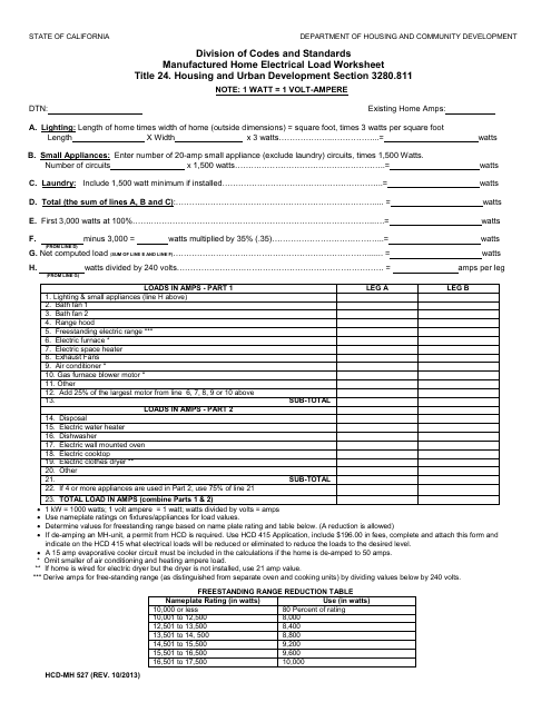 Form HCD-MH527 Manufactured Home Electrical Load Worksheet - California