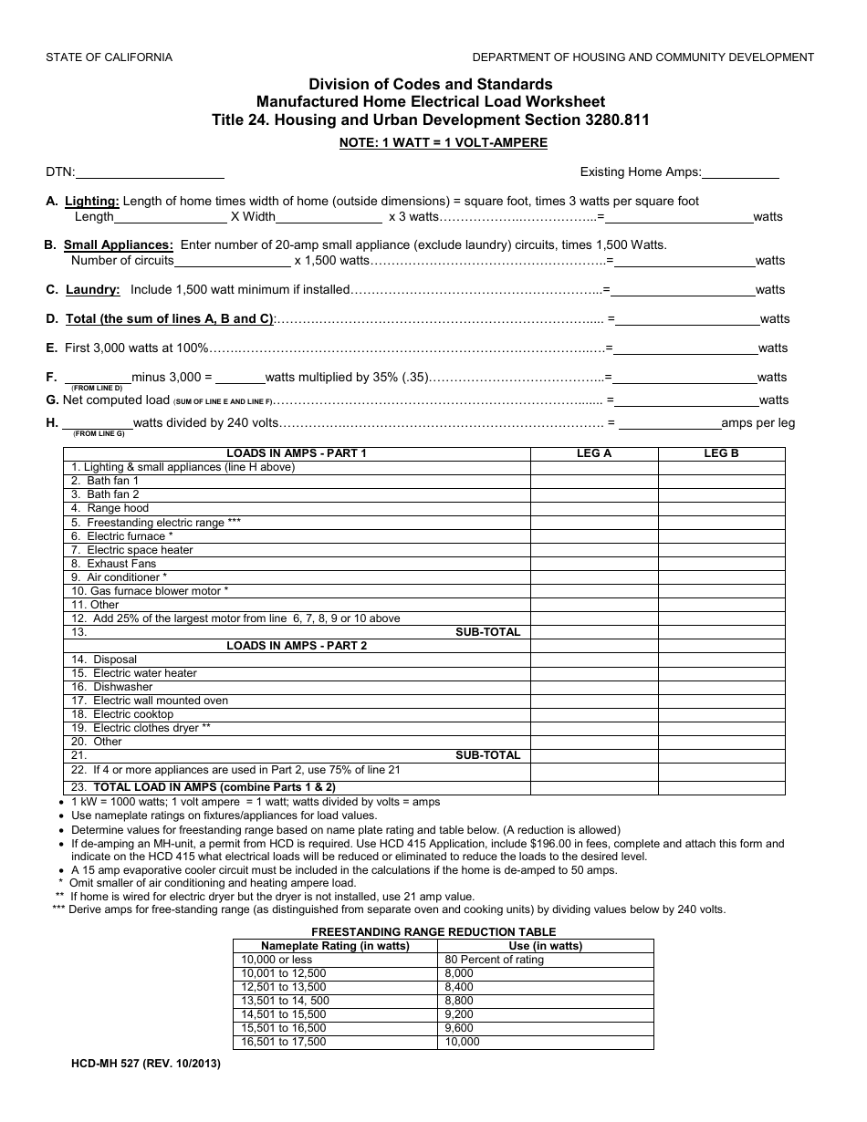 Form HCD-MH527 Manufactured Home Electrical Load Worksheet - California, Page 1