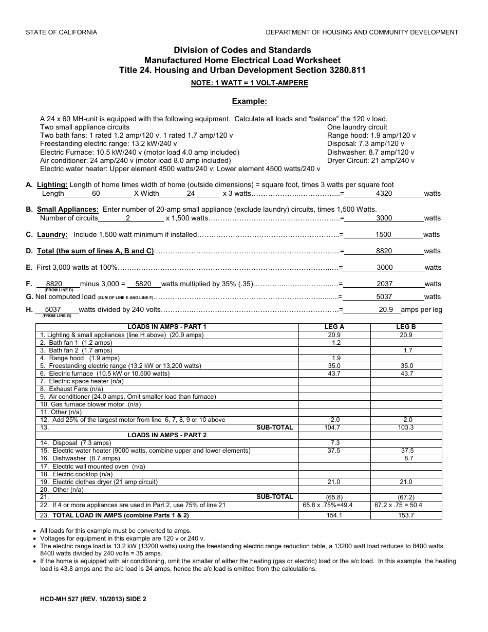 Form HCD-MH527 Manufactured Home Electrical Load Worksheet - California, Page 2