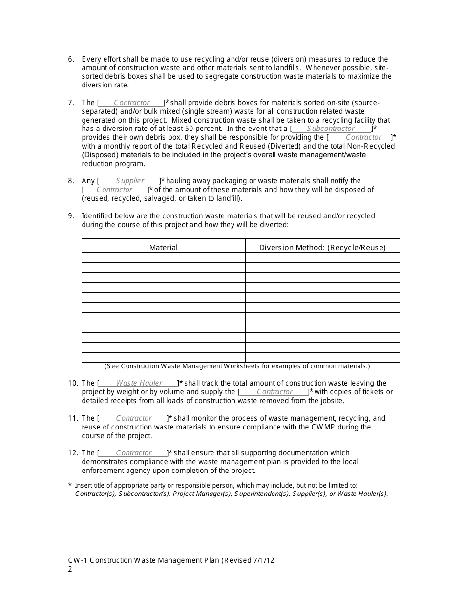 Form CW-1 Construction Waste Management Plan (Cwmp) - California, Page 2