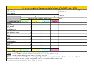 Form CW3 &quot;Construction Waste Management Worksheet (Weight Method)&quot; - California