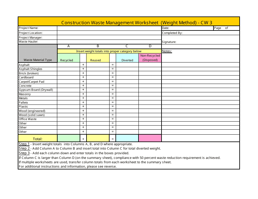 Form CW3 Construction Waste Management Worksheet (Weight Method) - California