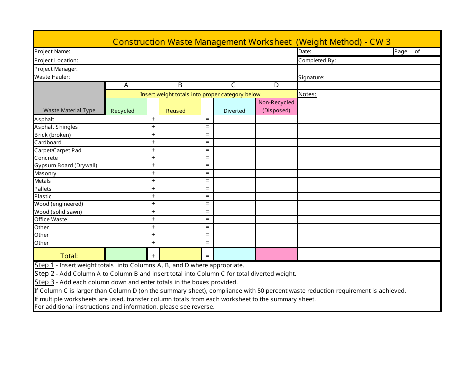 Form CW3 Construction Waste Management Worksheet (Weight Method) - California, Page 1