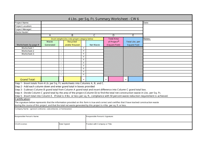 Form CW6 4 Lbs. Per Sq. Ft. Summary Worksheet - California