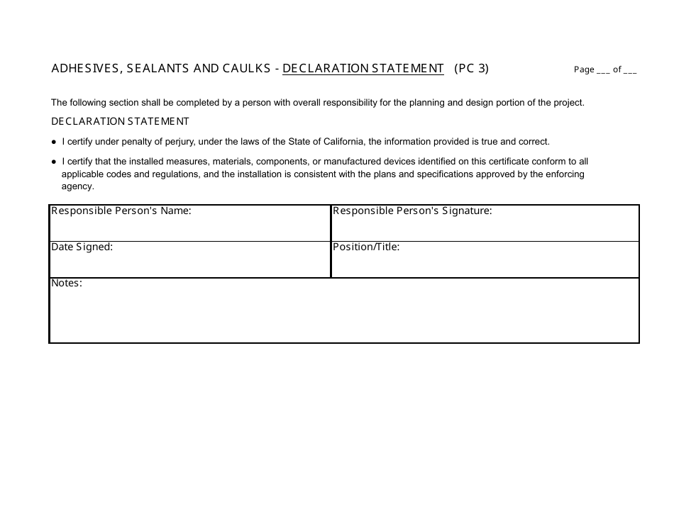 Form PC3 Adhesives, Sealants and Caulks - Declaration Statement - California, Page 1