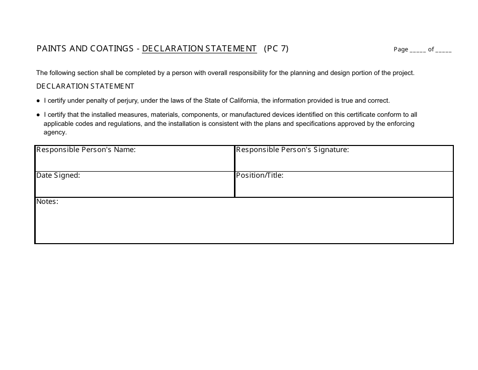Form PC7 Paints and Coatings - Declaration Statement - California, Page 1