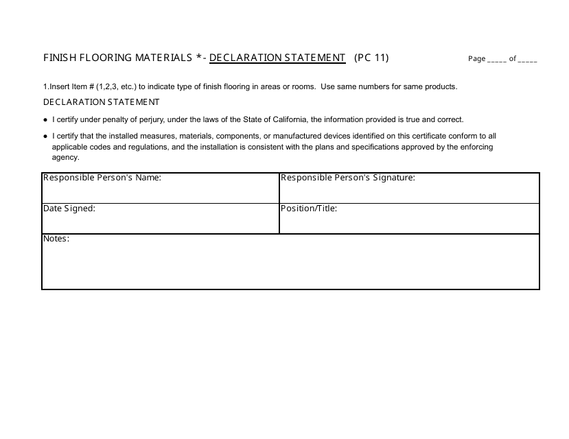 Form PC11 Finish Flooring Materials - Declaration Statement - California