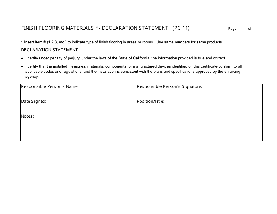 Form PC11 Finish Flooring Materials - Declaration Statement - California, Page 1