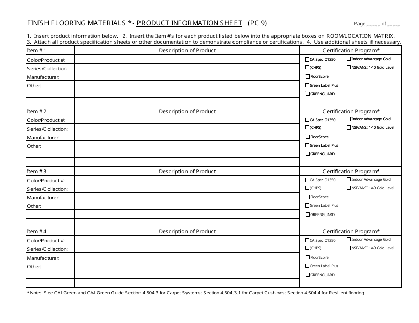 Form PC9 Finish Flooring Materials - Product Information Sheet - California