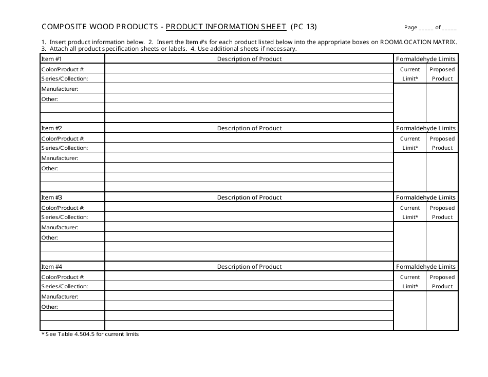 Form PC13 Composite Wood Products - Product Information Sheet - California, Page 1