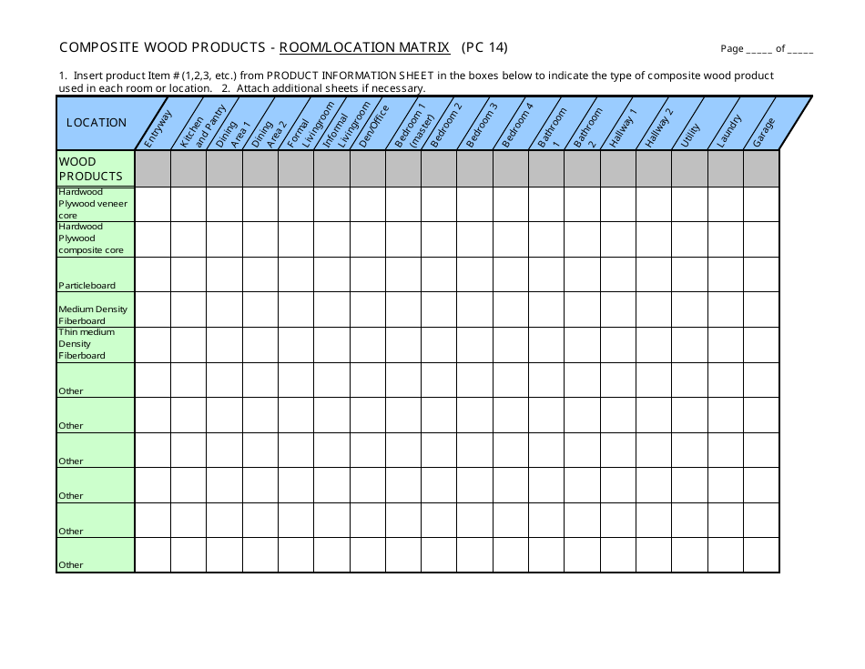 Form PC14 Composite Wood Products - Room / Location Matrix - California, Page 1