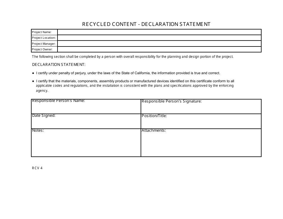 Form RCV4 Recycled Content - Declaration Statement - California, Page 1