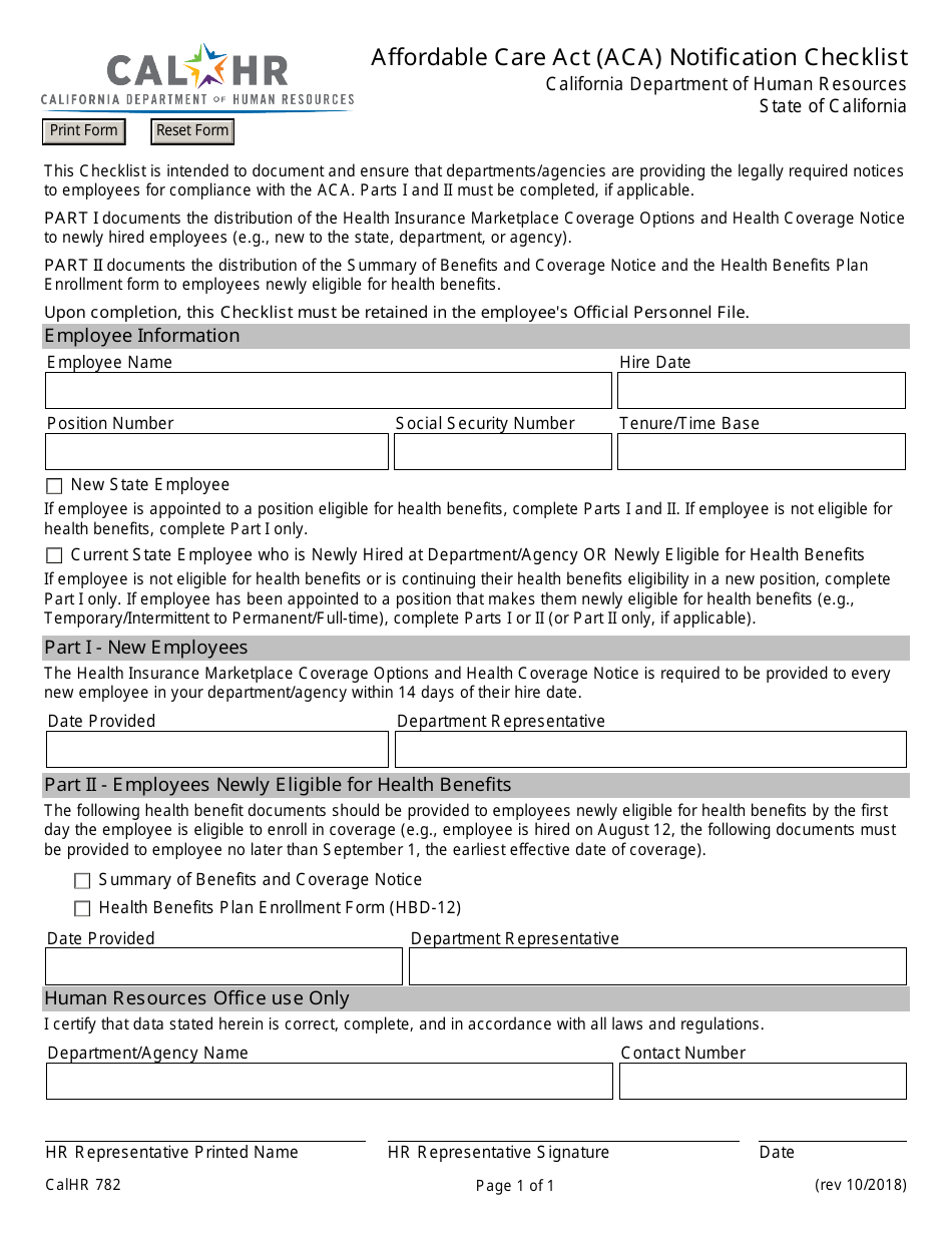 Form CALHR782 Affordable Care Act (ACA) Notification Checklist - California, Page 1