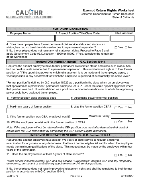 Form CALHR770 Exempt Return Rights Worksheet - California