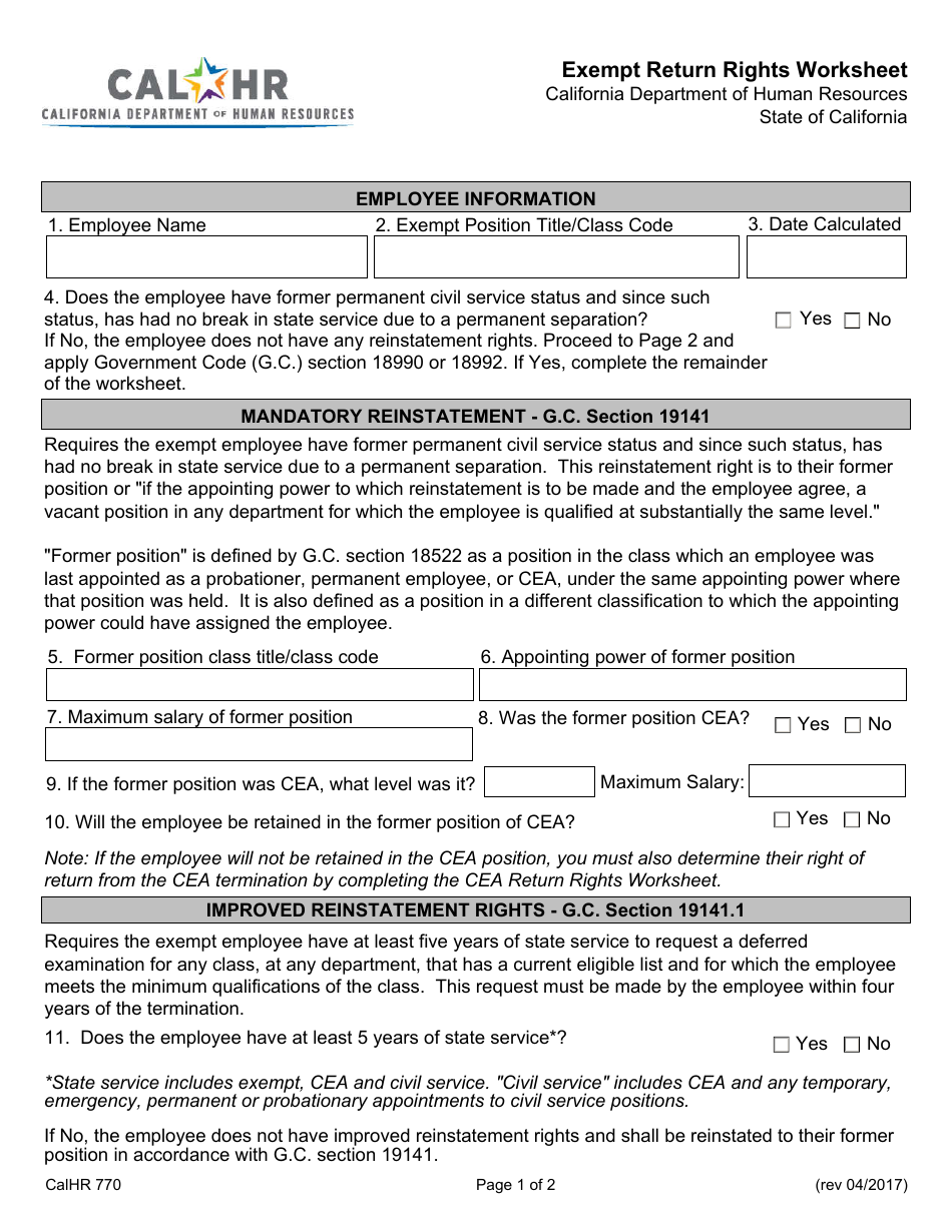 Form CALHR770 Exempt Return Rights Worksheet - California, Page 1
