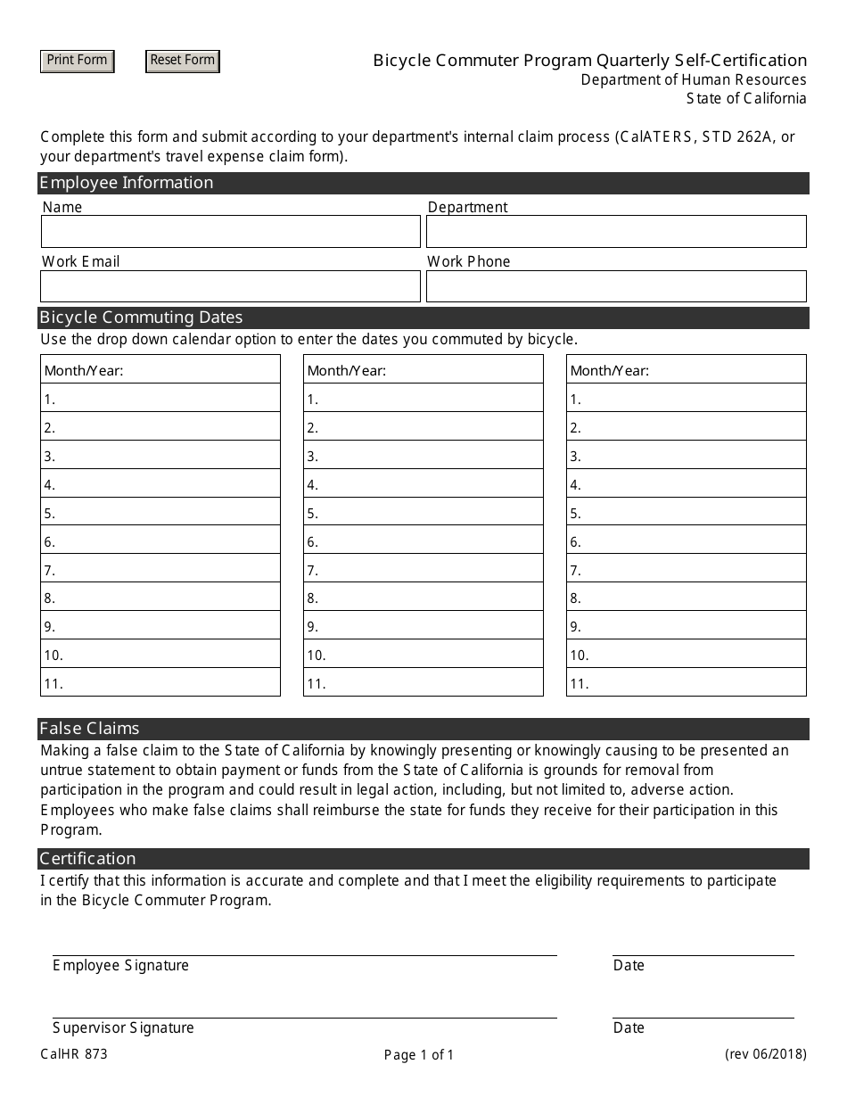 Form CALHR873 Bicycle Commuter Program Quarterly Self-certification - California, Page 1
