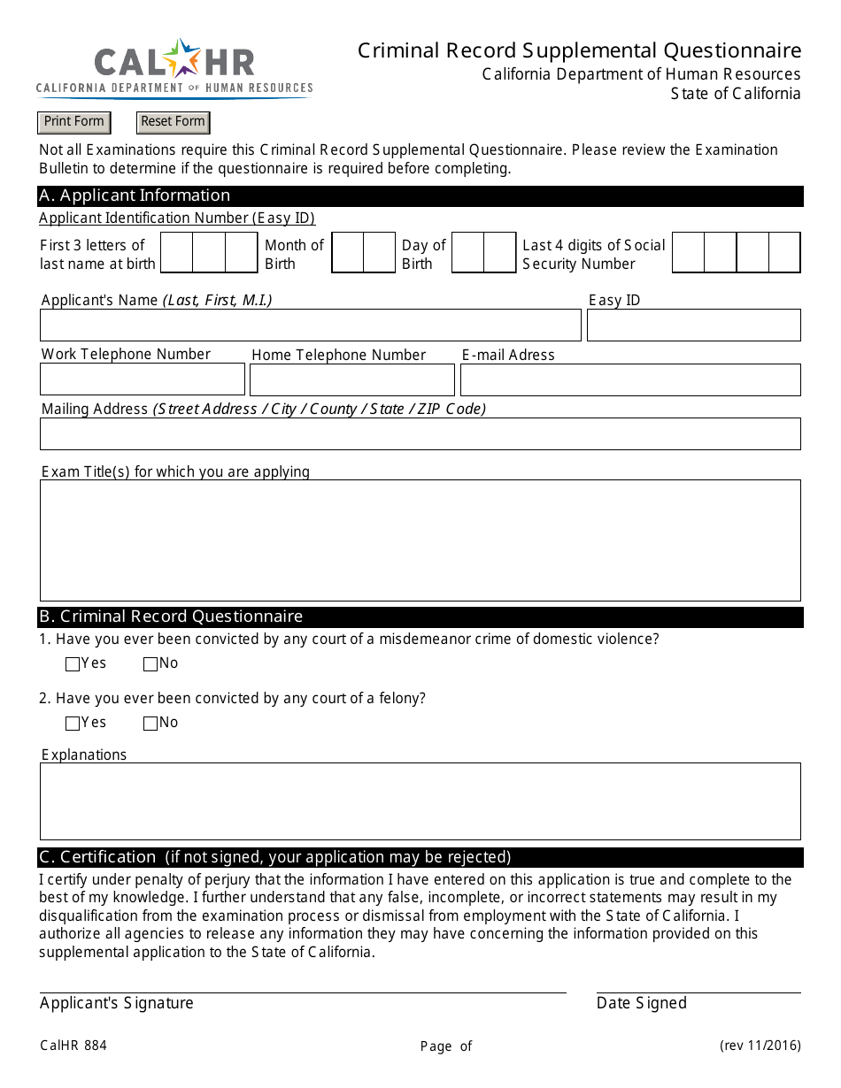 Form CALHR884 Criminal Record Supplemental Questionnaire - California, Page 1