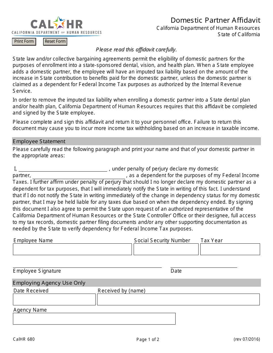 Form CALHR680 Affidavit for Domestic Partners Being Claimed as Economic Dependents - California, Page 1
