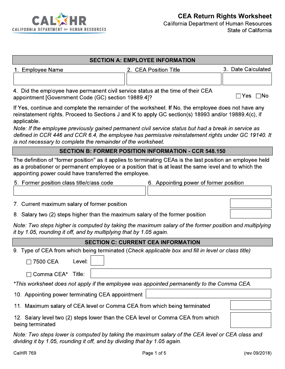 Form CALHR769 Cea Return Rights Worksheet - California, Page 1