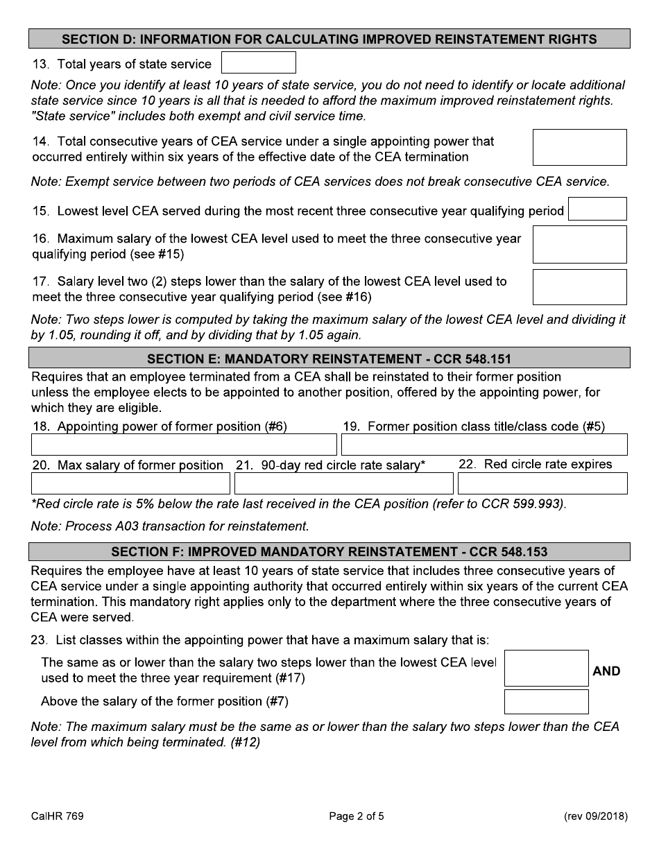 Form CALHR769 Cea Return Rights Worksheet - California, Page 2