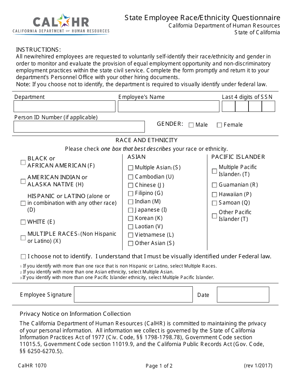 Form CALHR1070 State Employee Race / Ethnicity Questionnaire - California, Page 1