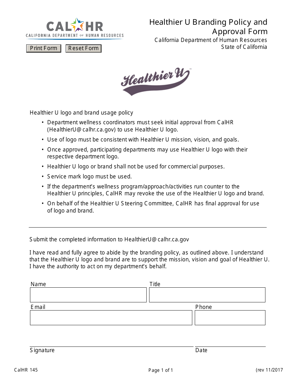 Form CALHR145 Healthier U Branding Policy and Approval Form - California, Page 1