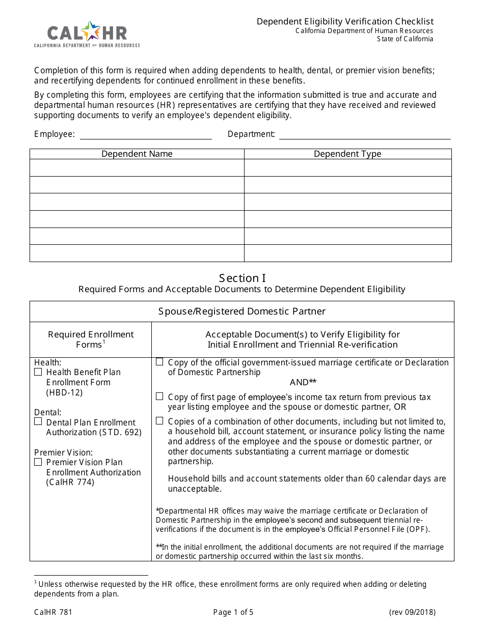 Form CALHR781 Dependent Eligibility Verification Checklist - California, Page 1