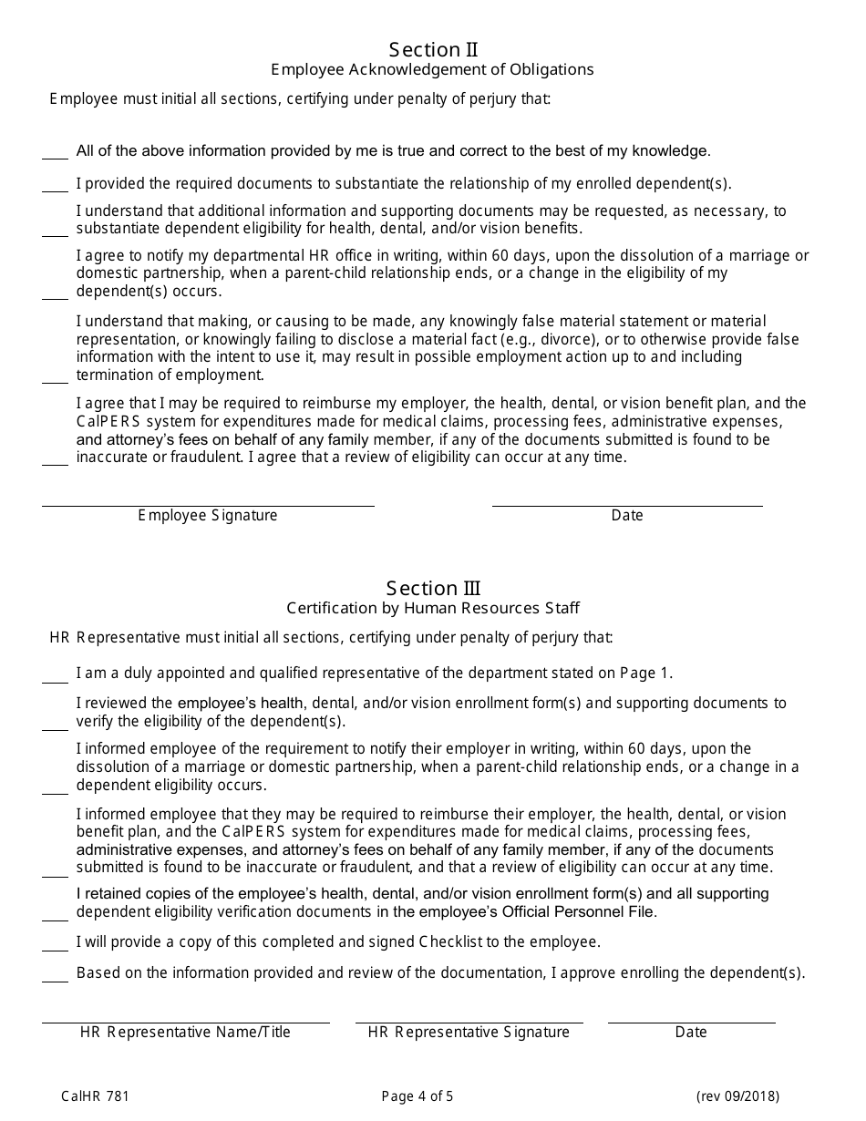 Form CALHR781 Dependent Eligibility Verification Checklist - California, Page 4