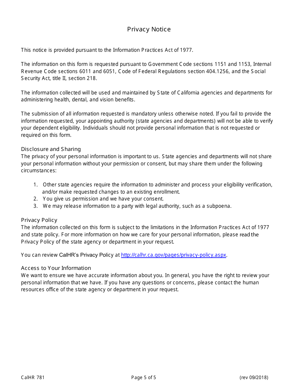 Form CALHR781 Dependent Eligibility Verification Checklist - California, Page 5