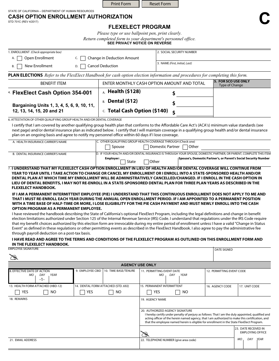 Form STD710C Cash Option Enrollment Authorization - California, Page 1