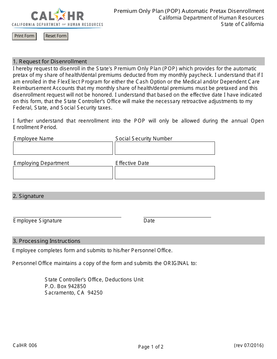 Form CALHR006 Premium Only Plan (Pop) Automatic Pretax Disenrollment - California, Page 1
