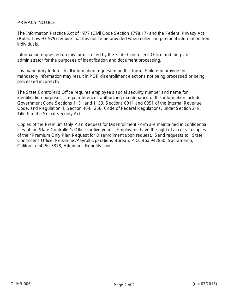 Form CALHR006 Premium Only Plan (Pop) Automatic Pretax Disenrollment - California, Page 2