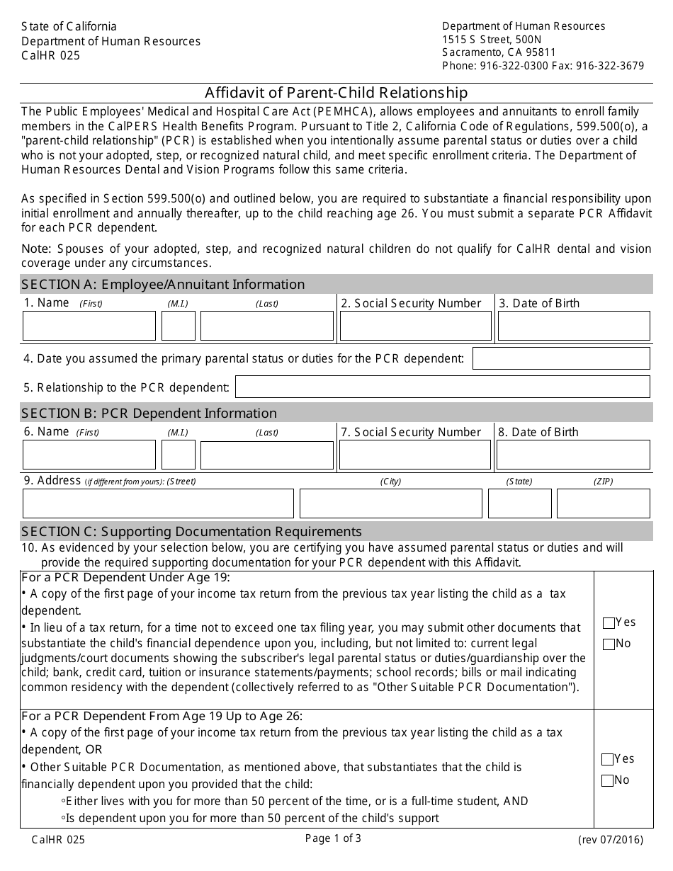 Form CALHR025 Affidavit of Parent-Child Relationship - California, Page 1