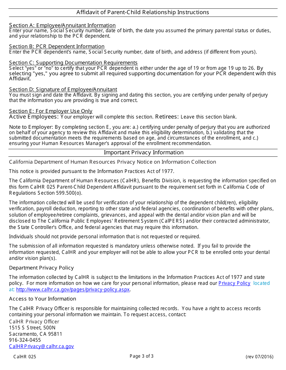 Form CALHR025 Affidavit of Parent-Child Relationship - California, Page 3