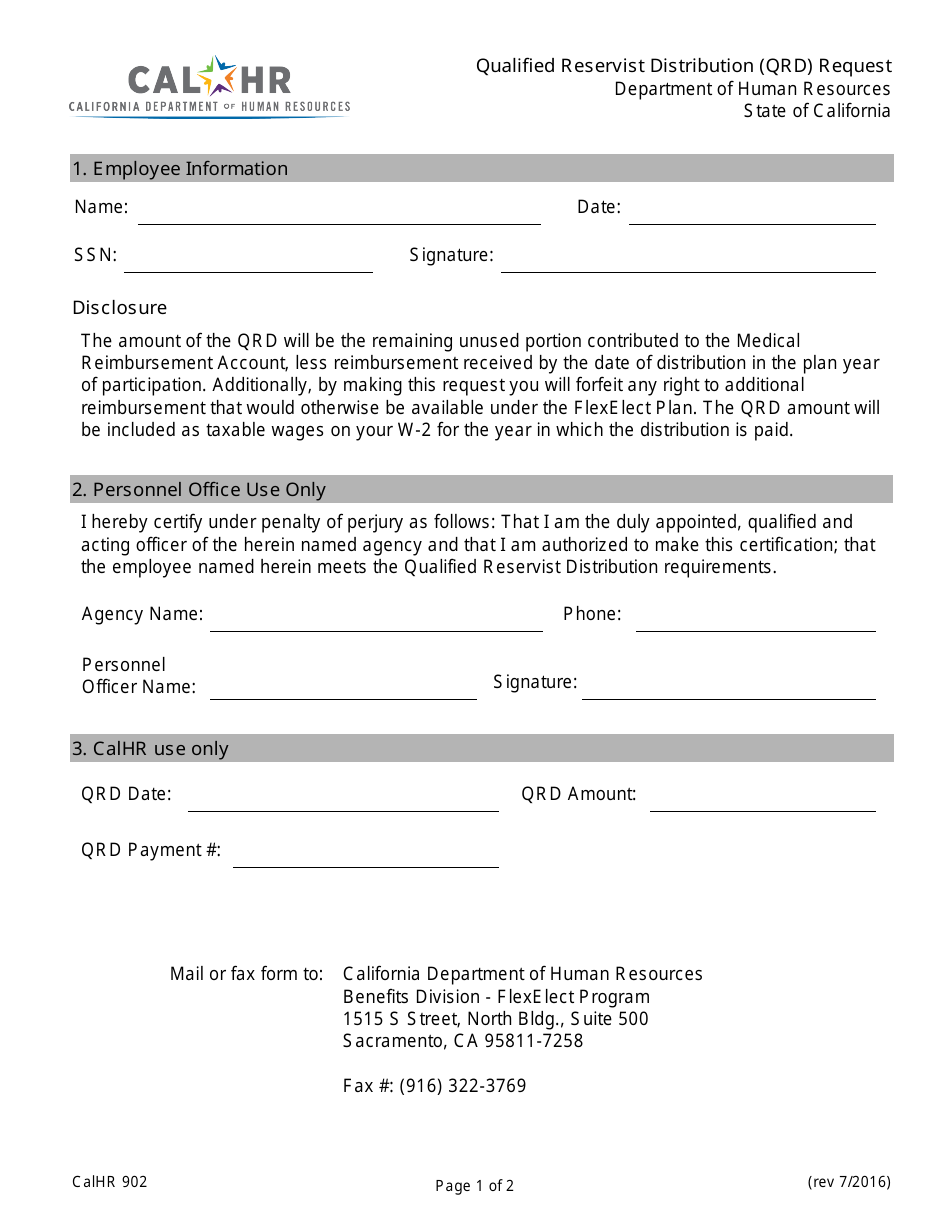 Form CALHR902 Qualified Reservist Distribution (Qrd) Request - California, Page 1