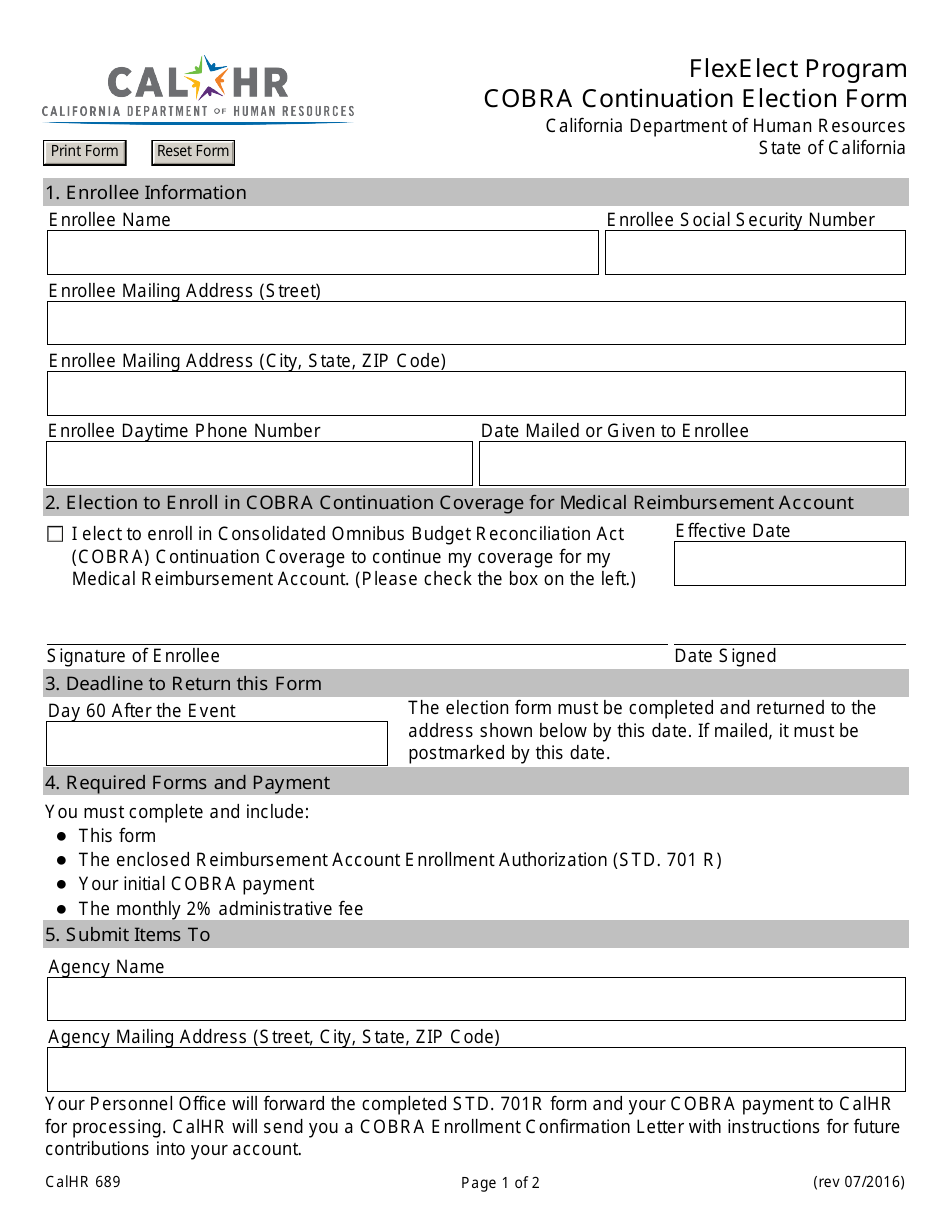 Form CALHR689 Cobra Continuation Election Form - Flexelect Program - California, Page 1